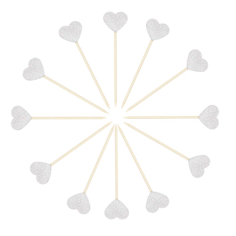 Ercadio Glitter Heart Cupcake Toppers Cupcake Picks for Love Theme Wedding Engagement Bridal Shower Party Cake Decoration 40 Pack Silver - Image 4